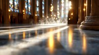 Sunlight streaming through stained glass windows creates magical light beams and reflections on polished church floor, with historic stone columns and ethereal atmosphere.