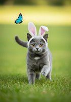 Gray cat wearing bunny ears headband walking on grass with blue butterfly flying above in blurred green garden background. Suitable for Easter, spring, and playful pet content.