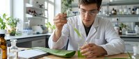 Scientist examining green plant leaf in laboratory setting with shelves of bottles and equipment in background for research and development.
