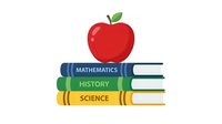 Red apple resting on stacked textbooks labeled mathematics, history, and science with green leaf, isolated on white background for educational design and learning materials.