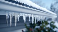 Icicles hanging from roof gutter in winter, with snow accumulation and evergreen foliage visible in background.