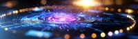 Abstract digital spiral galaxy with glowing particles and bokeh lights creating futuristic cosmic energy vortex for technology and science concepts.
