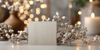 Blank white greeting card with silver decorative branches and warm bokeh lights creating festive holiday atmosphere for seasonal messaging and celebrations.
