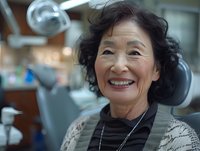Cheerful senior Asian woman smiling during dental appointment, showing genuine happiness and confidence in dental office setting. Perfect for healthcare and dental marketing materials.