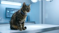 Tabby cat sitting on veterinary examination table in modern clinic with medical equipment and blue walls for pet healthcare and animal wellness concepts.