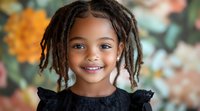 Cheerful African American girl with dreadlocks and bright smile wearing black ruffle dress against blurred floral background. Portrait captures genuine childhood joy.