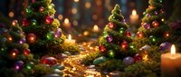 Festive Christmas decoration with miniature decorated trees, ornaments, candles and warm golden lights creating cozy holiday atmosphere for seasonal celebrations.