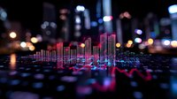 Futuristic digital equalizer visualization with neon pink and blue lights against blurred urban nightscape background, creating modern music wave pattern.