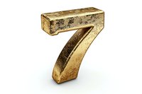 Golden metallic number seven with aged texture and weathered surface isolated on white background for design, typography and creative projects.