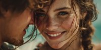 Young couple sharing intimate moment outdoors with woman smiling warmly at camera showing genuine happiness and connection in natural sunlight.