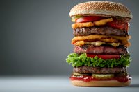 Triple-decker burger with crispy onion rings, fresh lettuce, tomatoes and melted cheese stacked high on sesame seed bun against dark background.