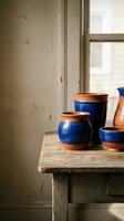 Handmade ceramic pottery collection with blue glazed bowls and terracotta vessels displayed on rustic wooden table near window in artisan workshop studio.