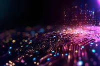 Abstract technology background with glowing pink and blue light trails, digital network connections and bokeh particles flowing on dark surface.