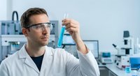 Male scientist in safety glasses examining blue liquid in test tube at modern laboratory for research and development.