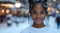 Young African American girl with curly hair smiling warmly at camera in winter setting with soft bokeh lights and snowfall creating magical holiday atmosphere.