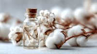 Small glass bottle with cork stopper next to cotton plant branches on light background, showcasing natural organic materials for cosmetics or aromatherapy.