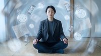 Businesswoman meditating in lotus position surrounded by floating clocks and calendars, representing time management, stress relief, and work-life balance in corporate environment.