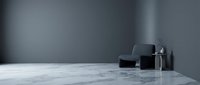Minimalist dark geometric shapes on marble surface against gray wall background for modern product display and contemporary design presentations.