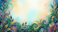 Ornamental floral border with swirling vines, leaves, and blooms in purple, teal, and gold tones on soft watercolor background. Suitable for invitations, cards, and design projects.