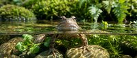 Crocodile resting in shallow water among rocks and lush green vegetation, suitable for wildlife, nature, and reptile-themed projects.