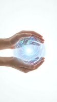 Hands protecting glowing energy sphere with swirling blue light patterns on white background for spiritual healing and wellness concepts.