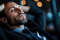 Young African American businessman in suit resting with eyes closed, peaceful expression, soft bokeh lights in background, professional portrait in dark tones.