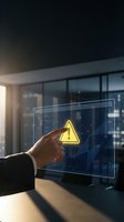 Businessman touching holographic warning alert on transparent digital screen in modern office environment for cybersecurity and risk management applications.