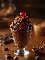 Decadent chocolate mousse dessert topped with whipped cream, chocolate sauce, crushed cookies and maraschino cherry in glass cup on wooden table with chocolate pieces.