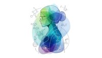Female scientist silhouette with mathematical formulas and scientific symbols in gradient blue green colors for educational technology design.