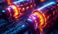 Glowing vacuum tubes emit orange and purple light on vintage electronic circuit board, creating retro-futuristic atmosphere with dramatic lighting effects.