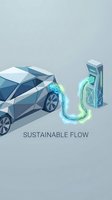Low poly electric car charging at station with glowing green energy flow cable connection for sustainable transportation and eco-friendly mobility solutions.