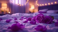 Purple roses and scattered petals on white bedding with romantic string lights and soft lamp glow creating intimate atmosphere for Valentine's Day or anniversary celebration.