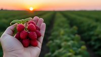 Fresh ripe raspberries in open palm at sunset over agricultural field rows. Organic berry harvest concept for healthy eating and farm produce marketing.