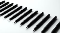 Black fountain pens arranged in diagonal line on white background, suitable for stationery, writing, office supplies, and business branding projects.