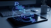 Digital tablet displaying holographic cloud computing network with glowing data connections and technology icons on modern workspace desk.