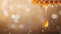 Golden honey dripping from honeycomb with bokeh background, showcasing natural sweetness and organic food production in warm amber tones.