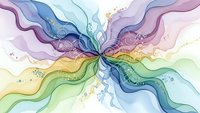Abstract watercolor swirls in rainbow colors flowing from center with organic curves and soft gradients for modern design backgrounds.