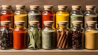 Colorful spice collection in glass jars with cork lids arranged on wooden shelf for culinary cooking and seasoning kitchen storage organization.