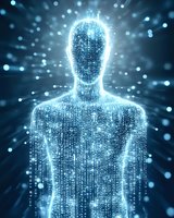 Digital silhouette made of glowing binary code on dark background with light rays and particles, representing artificial intelligence and machine learning.