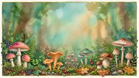 Enchanted forest floor with colorful mushrooms, ferns, and moss in watercolor style. Whimsical woodland scene with red toadstools and golden fungi among lush vegetation for fantasy and nature designs.
