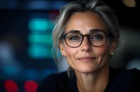 Confident mature businesswoman with grey hair and glasses smiling warmly against blurred office background. Professional portrait showcasing natural aging and workplace success.