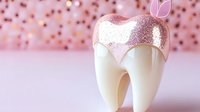 Dental molar tooth with pink glitter crown and bunny ears on pink background with bokeh lights, creative dental care concept for children dentistry.