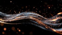 Glowing golden and silver waves with sparkles and bokeh effects on black background create magical light trails and energy flow abstract design.