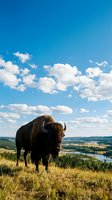 American bison standing on grassland hillside overlooking river valley landscape under blue sky with white clouds.