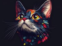 Colorful artistic portrait of cat face with vibrant feather-like details in red, blue and yellow tones against dark background, featuring expressive golden eyes and detailed whiskers.