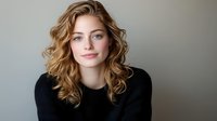 Young Caucasian woman with wavy blonde hair and natural makeup wearing black sweater smiling at camera against neutral background. Professional headshot style portrait.