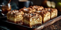 Homemade apple crumb bars with cinnamon streusel topping on wooden cutting board, freshly baked dessert squares with golden crust and chunky apple filling.