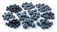 Fresh organic blueberries scattered on white background, antioxidant superfood berries for healthy eating, cooking and nutrition concepts.