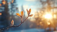 Young spring leaves on tree branch with morning dew drops against rising sun creating magical bokeh effect in forest background. Nature awakening scene.