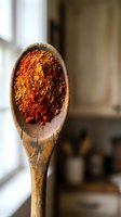 Wooden spoon filled with vibrant red paprika powder in rustic kitchen setting for culinary cooking and spice preparation.